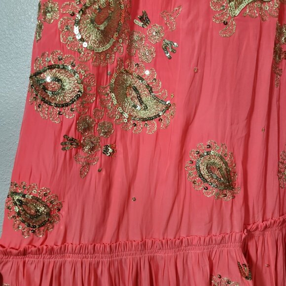 CALYPSO St. Barth Coral & Gold Maxi Dress Embroidered Sequin Sz XS DAMAGED - Picture 13 of 16